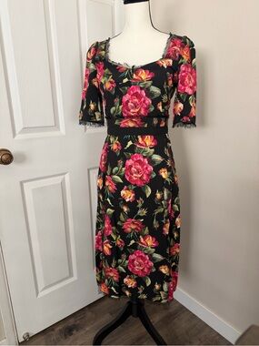 Dolce and Gabbana Floral Midi Dress with Pink Rose Print